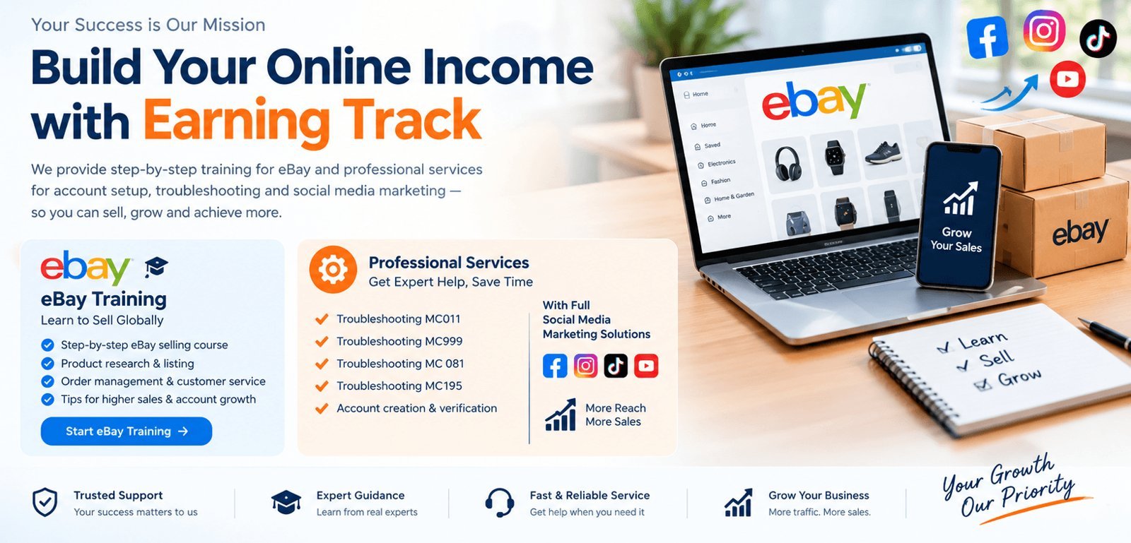 Build your online income with Earning Track — eBay training and professional troubleshooting services